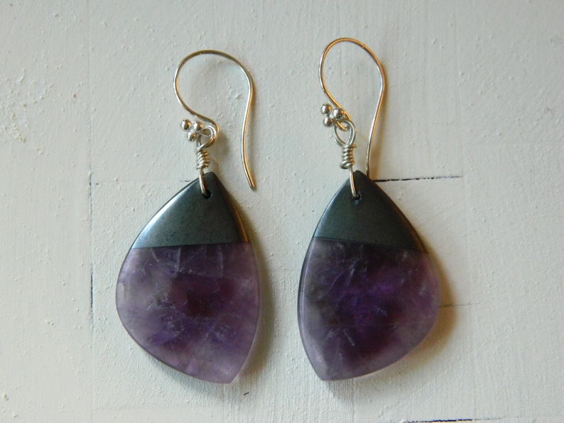 Amethyst Dangles Purple Stones Hematite Earrings Purple Earrings Purple Stone Earrings Amethyst Earrings Gray Stones Lavender Stones