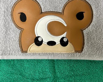 Teddy Poke Peeker Embroidery Design Anime Monster Applique Pattern for Hooded Bath Towels, 5x7 Hoop Johto Cuddly Moon Bear ITH Digital File