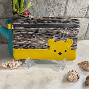 Friendly Honey Bear in Large Woods, Fully Lined Zipper Pouch 5x7 ITH Embroidery Design