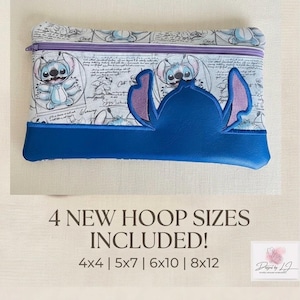 May include: A rectangular zippered pouch featuring a light-colored fabric with a repeating Stitch character print and script text, accented by a solid blue faux leather bottom panel with a dark blue Stitch silhouette applique and purple zipper.