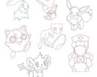 Pokemon Redwork Machine Embroidery | 7 Classic Anime Outlines | 4x4 and 5x7 Hoop Sizes Included (Digital Download)