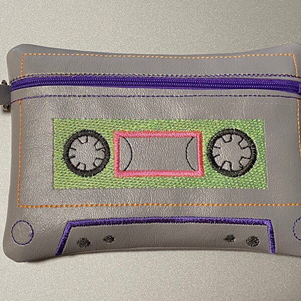 Cassette Tape 80's style zipper pouch 5x7 - ITH Machine Embroidery:Fully Lined Zipper Pouch