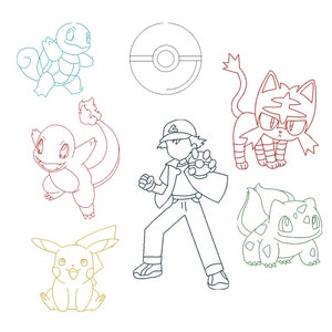 Pokemon Redwork Machine Embroidery, 7 designs and 2 sizes included