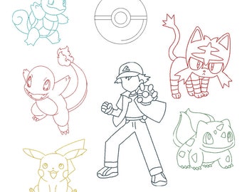 Anime Pocket Monster Redwork Machine Embroidery Design Bundle | 7 Kawaii Gaming Outlines in 4x4 and 5x7 Hoop | Digital Download Set