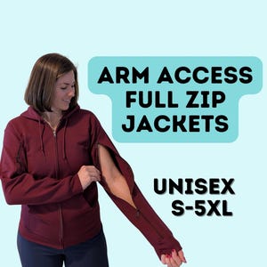 Moletom com capuz e zíper completo para infusão intravenosa: moletom com capuz e zíper com acesso adaptável aos braços, unissex P-5XL