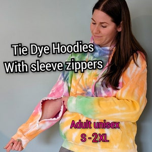 Tie dye Dialysis & PICC line -friendly Pullover Hoodies with zippered sleeves (+chest port options!) Unisex sizes
