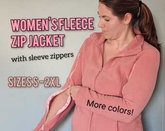 Picc/ infusion-friendly Womens Microfleece sweaters with zippered sleeves in pink, blue, berry & black (S- 2XL)