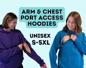 May include: Two hooded sweatshirts, one purple and one blue, featuring zippers along the sleeves and chest for port access. The text reads ARM & CHEST PORT ACCESS HOODIES, UNISEX, S-5XL. The garments have long sleeves, hoods, and front pockets.