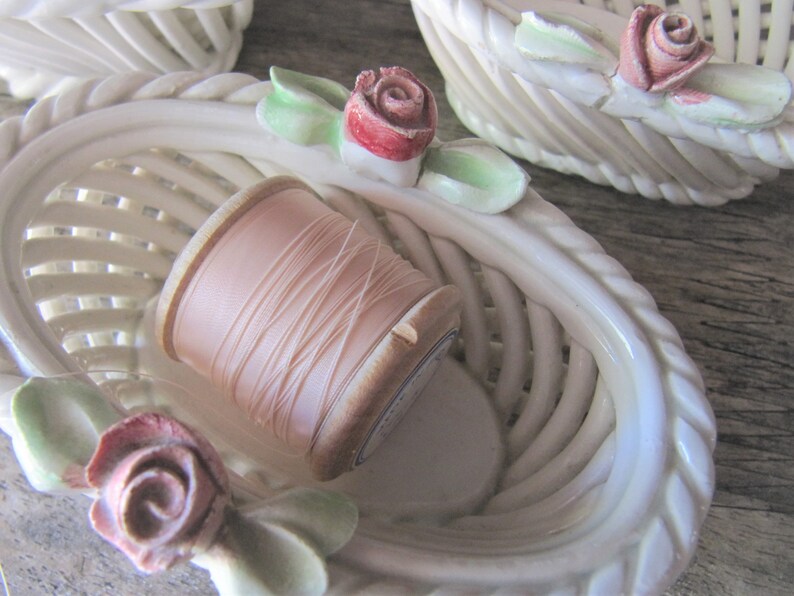 3 Vintage Capodimonte Woven Porcelain Basket Ring Dishes Italian Faience Bowls Majolica Spaghetti ware Reticulated Shabby Chic Kitsch Decor