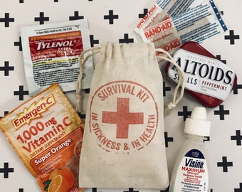 Survival Kit~Hangover Kit Bags ~In Sickness & In Health ~Hotel Guest Bags~ Muslin Favor Bag (3x5 Shown)