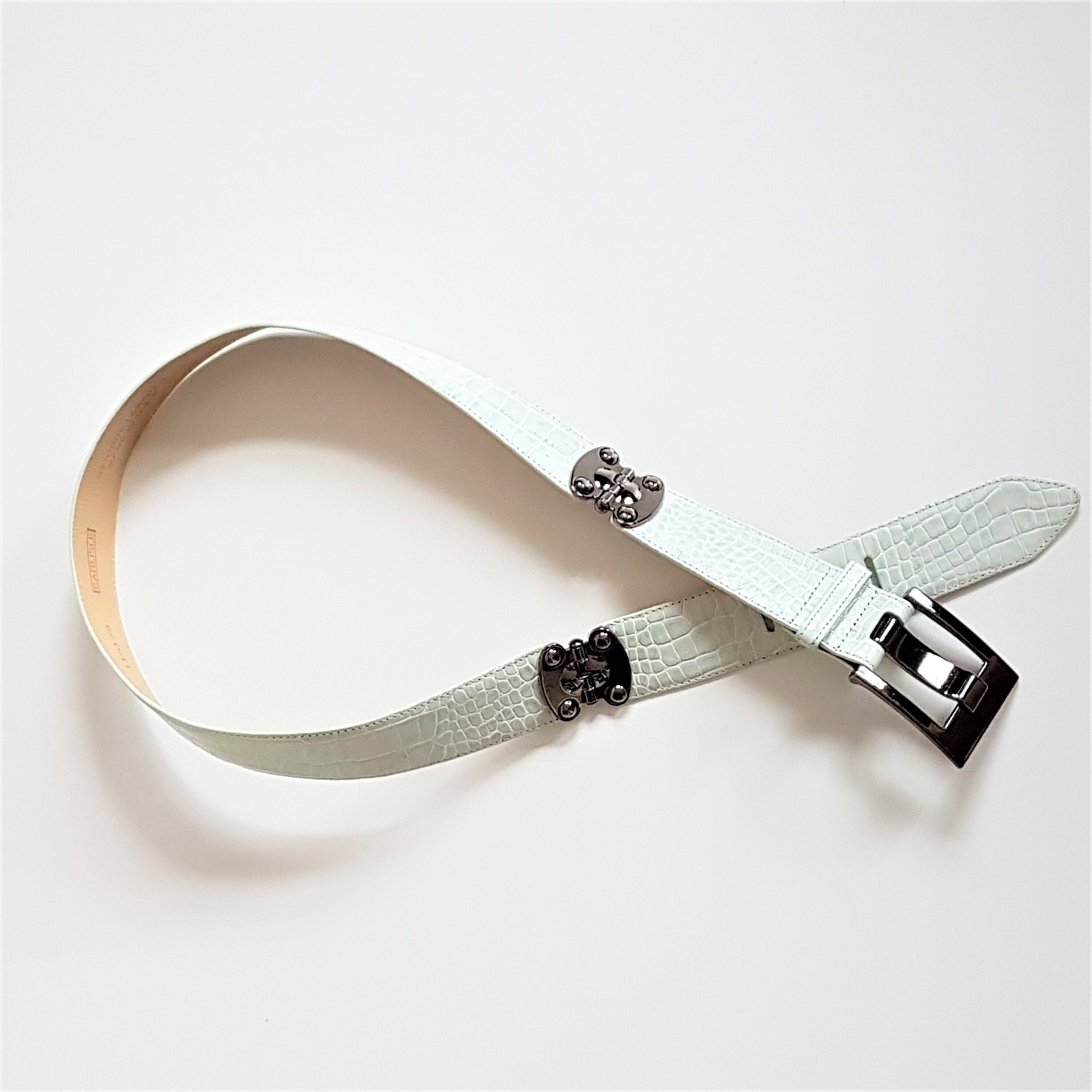 (H)Carlisle belt in matte white imitation crocodile leather with silver bucklexs White Genuine Alligator Belly Leather Skin Men main image 2