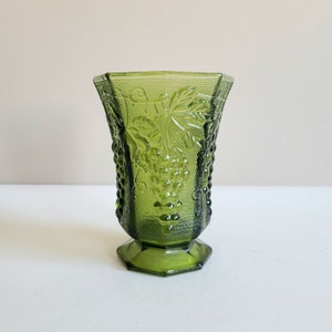 Green Anchor Hocking glass vase with grape design. Depression glass vase.