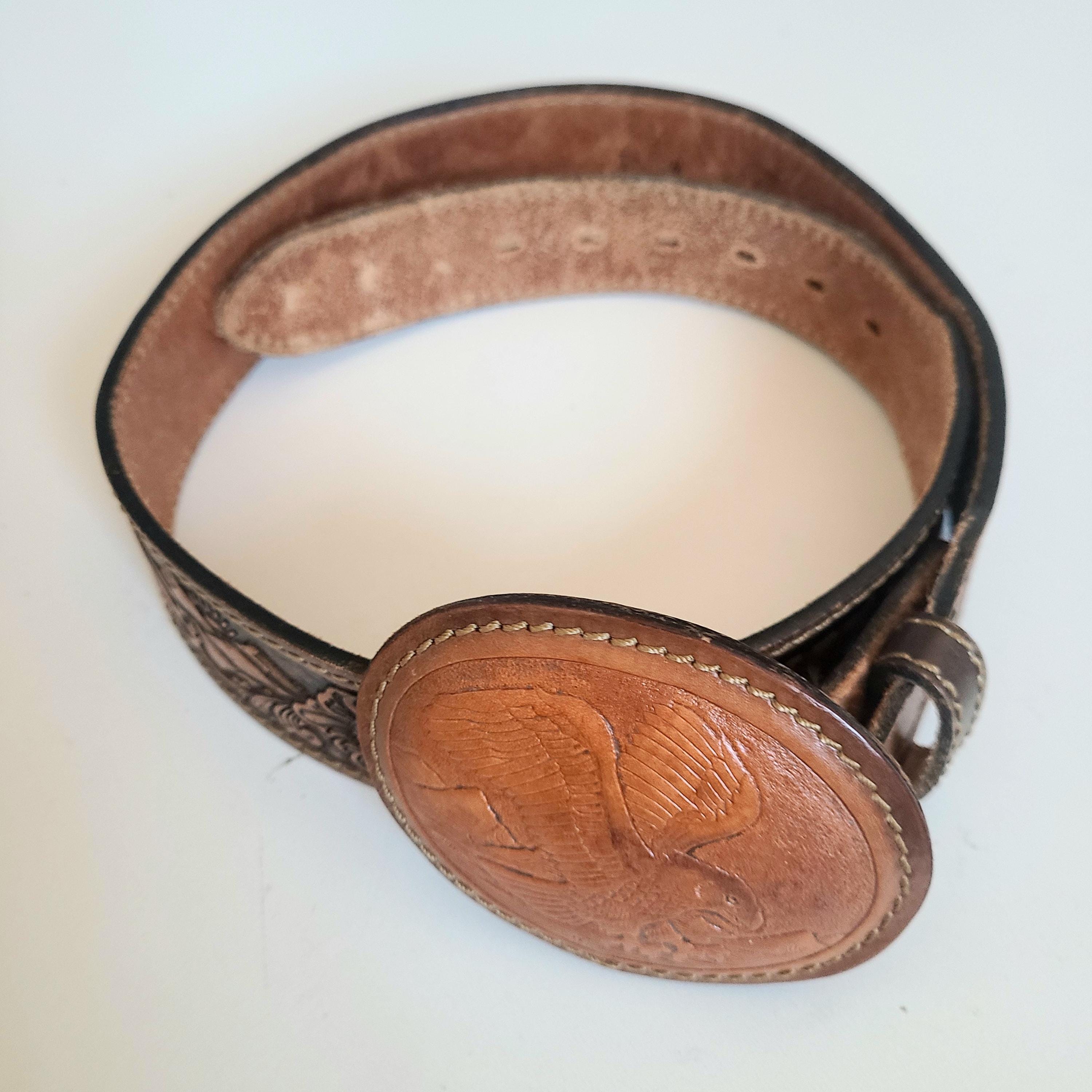 Chambers Brown Vintage  Embossed Leather Belt With Buckle Vtg Chambers Black Leather Embossed Belt 34 Silver Boots  main image 3