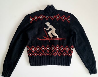 Vintage Elizabeth Jamieson wool ski sweater with knitted skier. Wool vintage pullover.