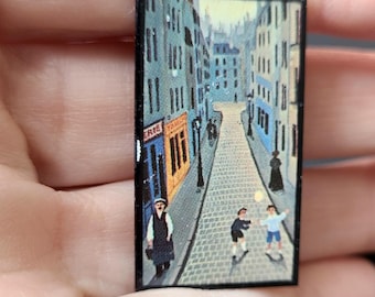 Vintage Metal Brooch Pin with city view and people. 19 century urban scene. One of Kind Jewelry.