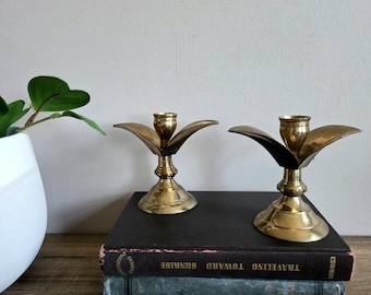 Pair of Solid Brass Handmade Candlesticks Candleholders Floral Shape Home Holiday Decor Made in India