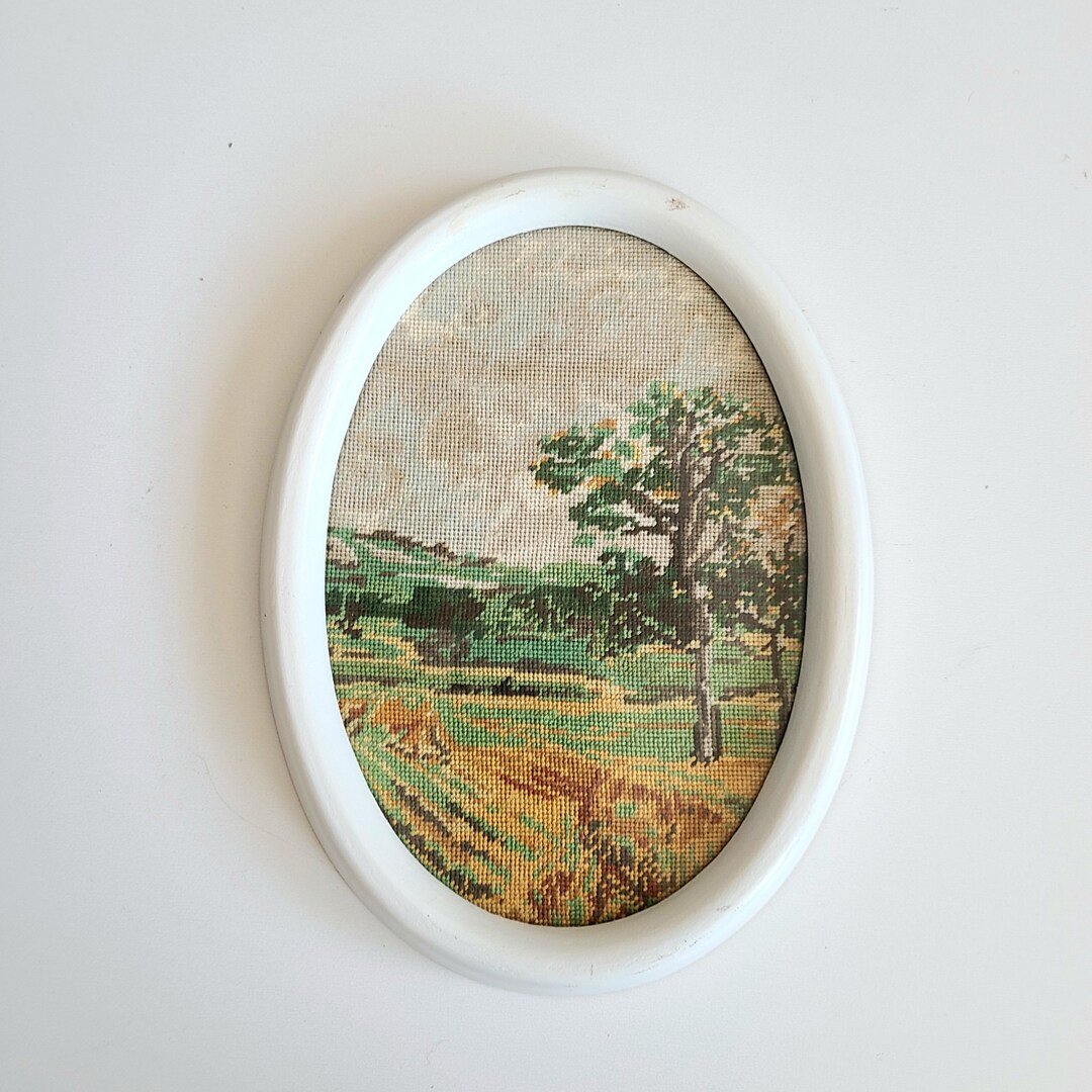 Vintage Needlepoint Oval Picture With White Wooden Frame and Etsy