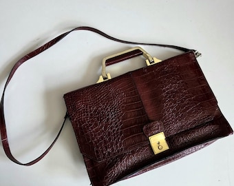 Vintage burgundy/red leather briefcase/document bag with long strap. Unisex leather laptop bag. 13'' x 9''