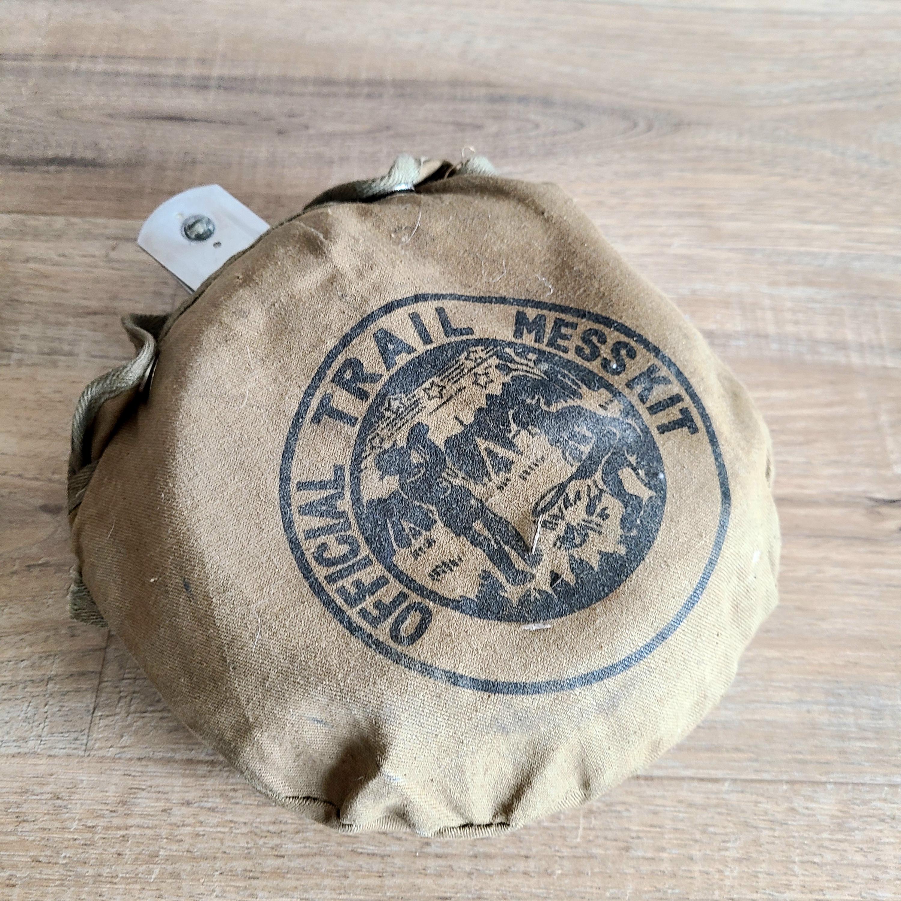 Vintage Official Trail Mess Kit Camping Hiking Boy Scouts Aluminum Canvas Bag. Made in Japan.