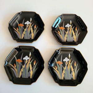Set of 4 Otagiri Japan black plates with gold trim floral design.