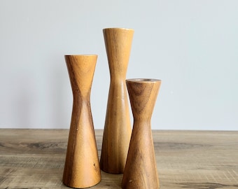 Set of 3 mid century Hibiscus wooden candle holders Philippines wood specialties made in Philippines. Home decor 1960s