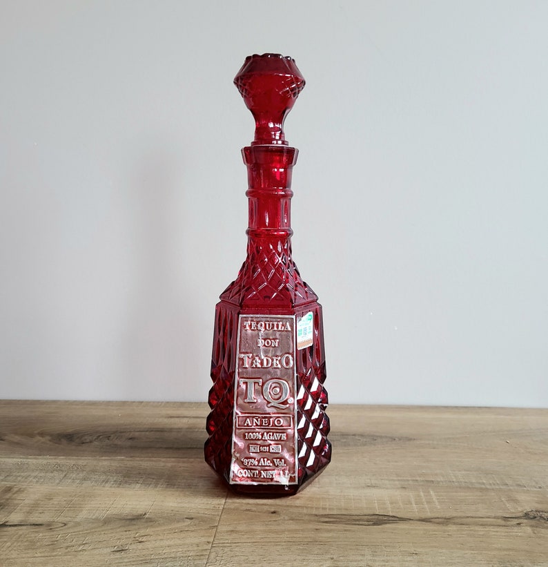 Vintage Don Tadeo red diamond glass Tequila empty bottle with stopper. image 1