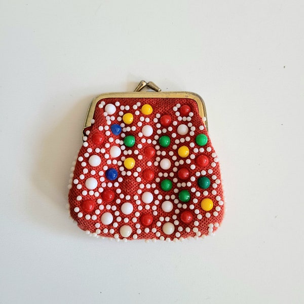 Vintage 1960s kiss lock red white green bubble plastic beads coin purse. Made in Hong Kong.