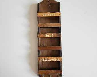 Vintage wooden letters bills miscellaneous keys wall holder organizer with hooks and rooster design. Office paper organizer. Made in Japan.