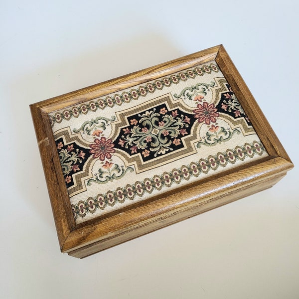 Large 11.5'' long Vintage London Leather Japan wooden box with inserted woven tapestry on the top part.