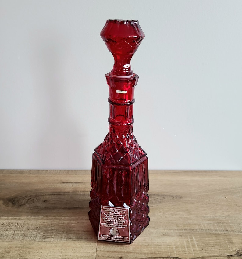 Vintage Don Tadeo red diamond glass Tequila empty bottle with stopper. image 2