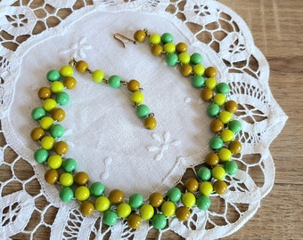 Vintage W Germany green, lime green and mustard colors stone beads chocker/necklace. Summer jewelry. Bohemian chocker.