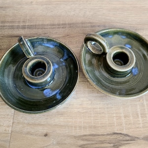 Set of 2 vintage 2005 handmade ceramic green and blue candleholders/candlesticks with handles. Signed by artist pottery.