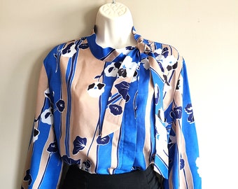 Vintage Koret long sleeves blouse. Blue and tan colors strips with floral design.