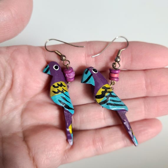 Vintage 1980s Wooden Parrots Dangling Retro Jewelry