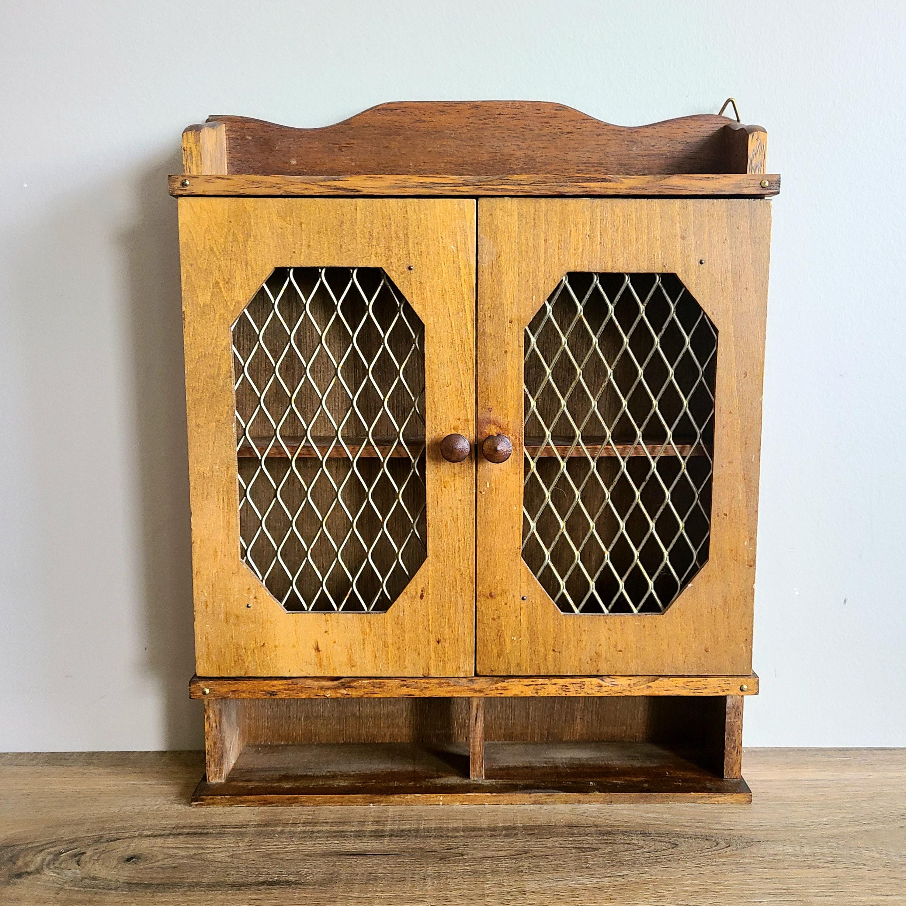 Vintage wooden wall medicine or spice cabinet with metal mesh on doors openings. Retro home decor. 14 3/4'' x 11.5''x 2 3/4''