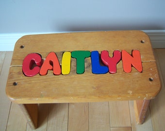 Vintage Personalized Name Kids Puzzle Stool. Kids Wooden Stool. Caitlyn Stool.