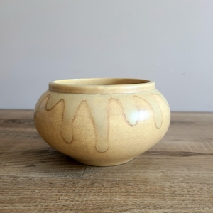 May include: A yellow ceramic planter with a drip glaze design. The planter has a rounded shape and a wide opening.