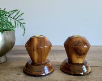 Pair of wooden midcentury vintage candleholders. Retro home. Vintage decor. Accents.