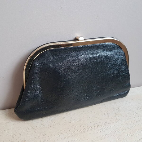Salisburys Black Real Leather Purse Clutch. Made in England. Kiss lock purse.