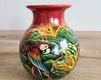 Vintage hand painted ceramic vase with exotic birds. Signed by artist pottery. Home Decor. Parrots theme vase.