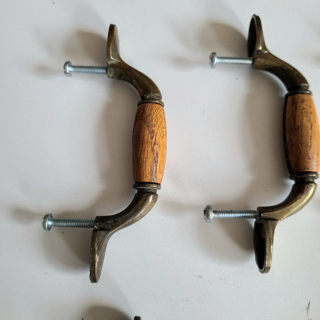 Set of 13 Vintage 1970s-1980s Brass and Oak Wood Hardware Cabinet ...