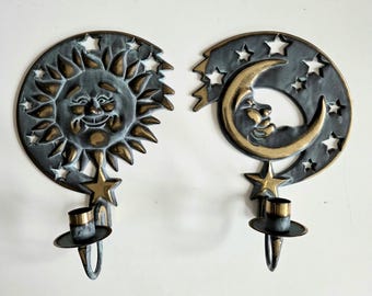 Vintage Brass Celestial Moon and Sun Wall Candle Holders 1994s Home Decor Made in Taiwan Party lite.