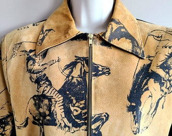 Vintage Mosskito Western suede and fabric coat/jacket. Indians riders on horses design.