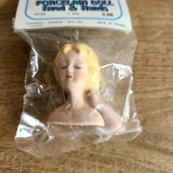 Lewiescraft Porcelain Doll Head & Hands in original Package. New old stock. Made in Taiwan. Making dolls craft project.