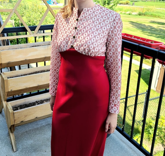 Vintage Red and Cream Maxi Bohemian Dress From 1970s. Made in Canada Long Dress