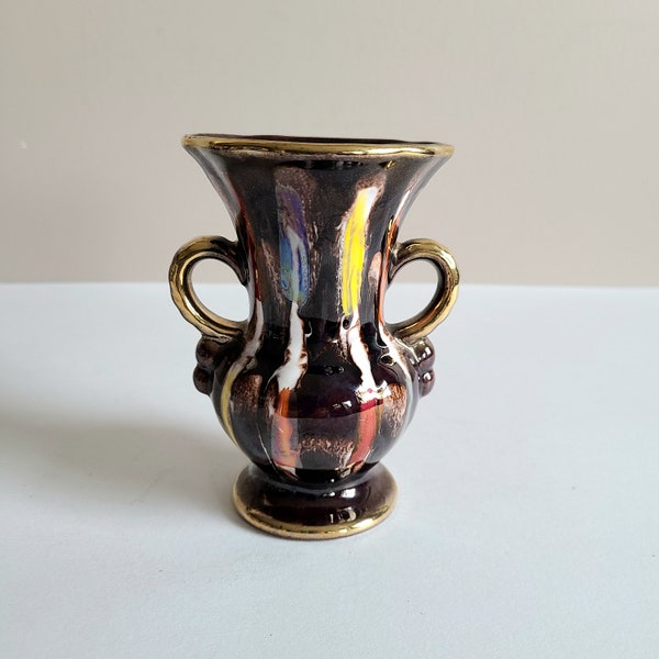 Foreign West Germany 537/12 multicolored ceramic drip glaze bud vase with handles and gold trim. Mid century pottery. MCM home decor.