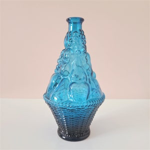 Blue Embossed Glass Bottle. Fruit in Basket Vintage Glass Wine Bottle Decanter Carafe Made in Italy.