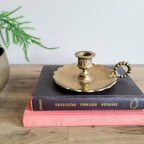 Vintage brass candleholder with saucer and handle. Made in England. Home Decor
