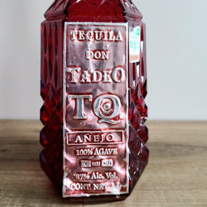 Vintage Don Tadeo red diamond glass Tequila empty bottle with stopper. image 3