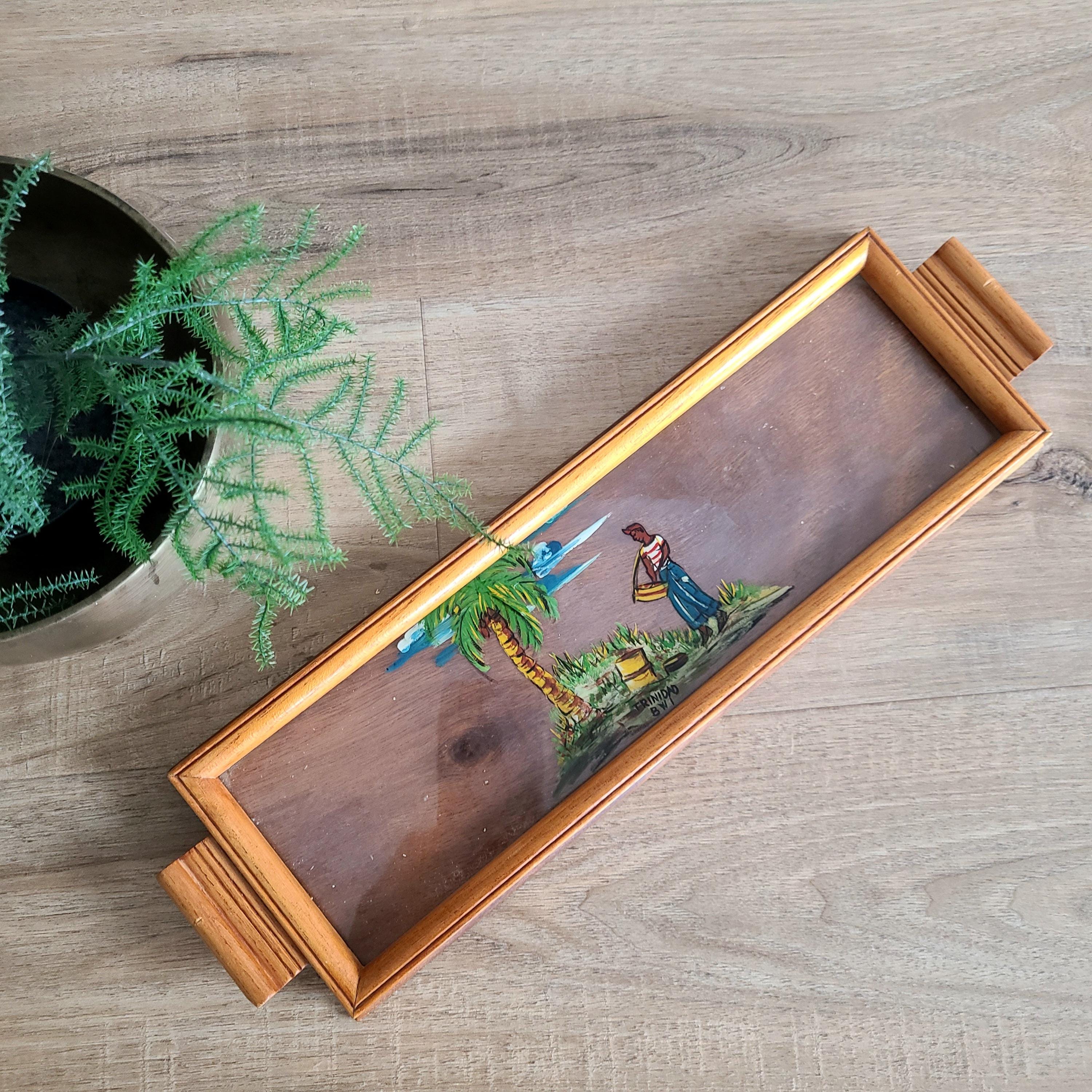 Vintage Wooden Hand Painted Long Narrow Tray With Handles. Mid